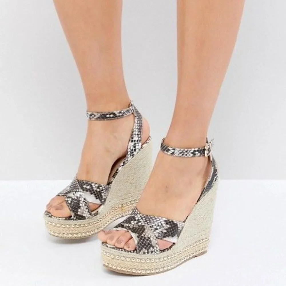 Tory Burch Espadrille Wedge Shoes heels Sandals Size 81/2 Leather Snakeskin